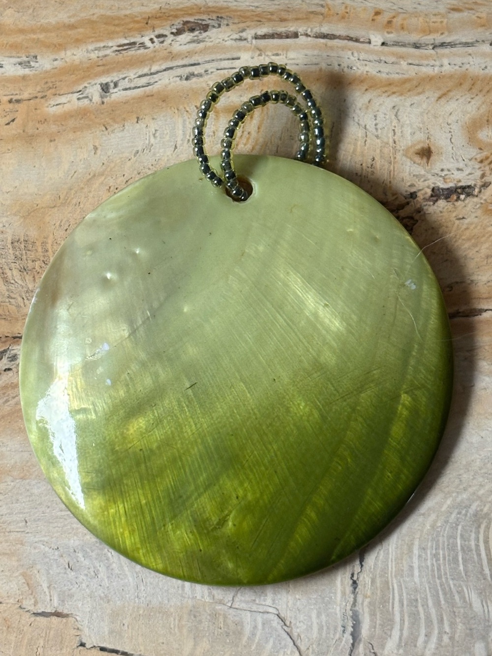Large Green Iridescent Round Shell and Beaded Pendant